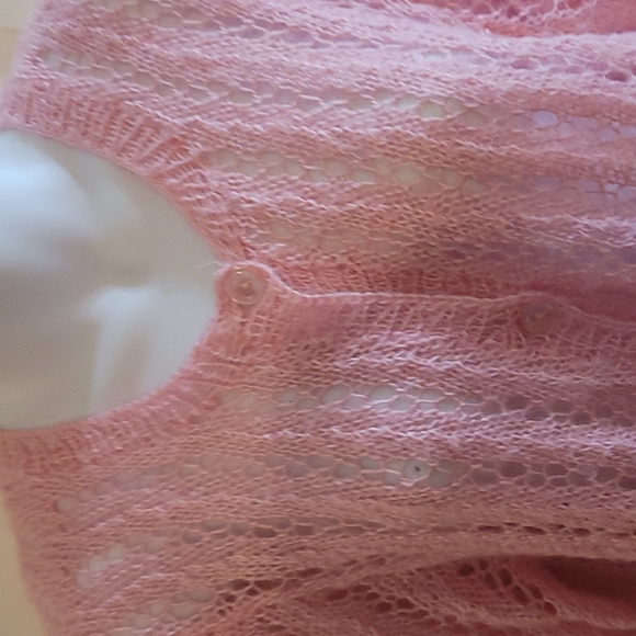 Baby pink hand made crochet loose weave button front Cardigan sweater S - Picture 2 of 4